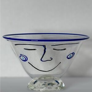 Vintage Art Glass Bowl Kosta Boda Open Minds Style ~ Cobalt Blue Rim